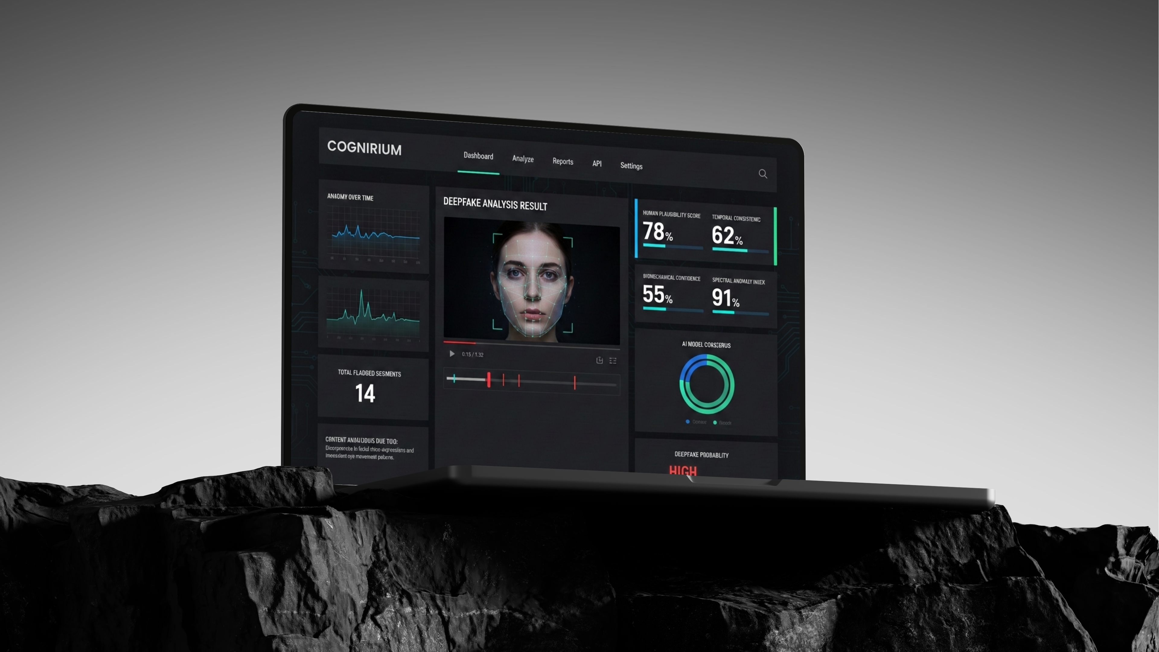 Cognirium dashboard showing deepfake analysis results with anomaly detection metrics on dramatic rocky terrain